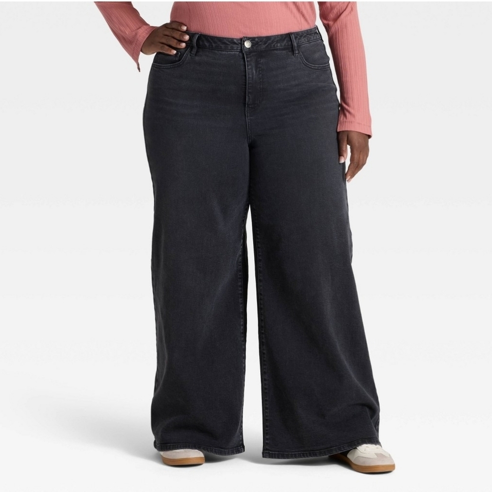New! Ava & Viv Womens 17 high rise wide leg no gap waistband Black Denim Jeans